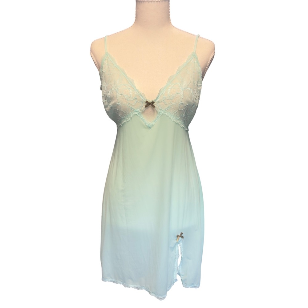 Victoria's Secret Mint Green Lace Trim Slip Nightgown Size Large Lingerie Bow
